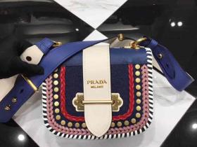 PRADA/普拉达 Pionnière小牛皮拼牛仔布手袋 1BD074