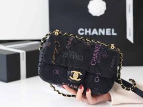 CHANEL2022cc春夏预告系列22p cf涂鸦牛仔布包AS3134黑色