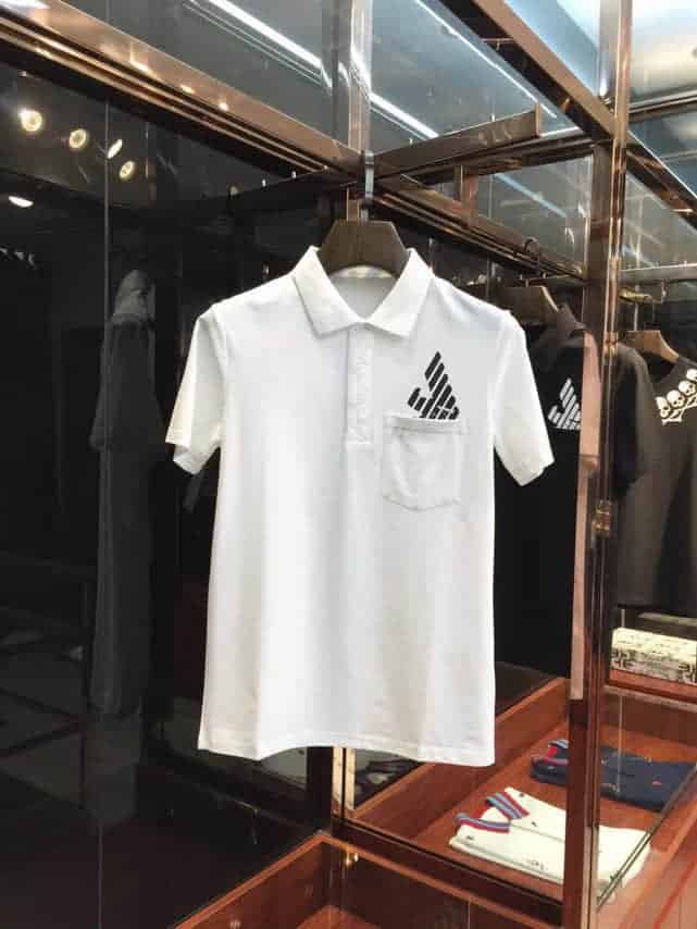 阿玛尼Armani 2018专柜最新版翻领定制螺纹修身立体裁剪短袖T恤