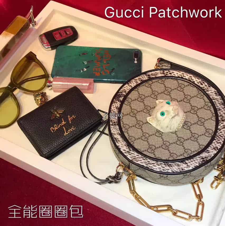 Gucci/古奇/古驰Patchwork猫咪蛇皮圆形包499823 96ICG 9747
