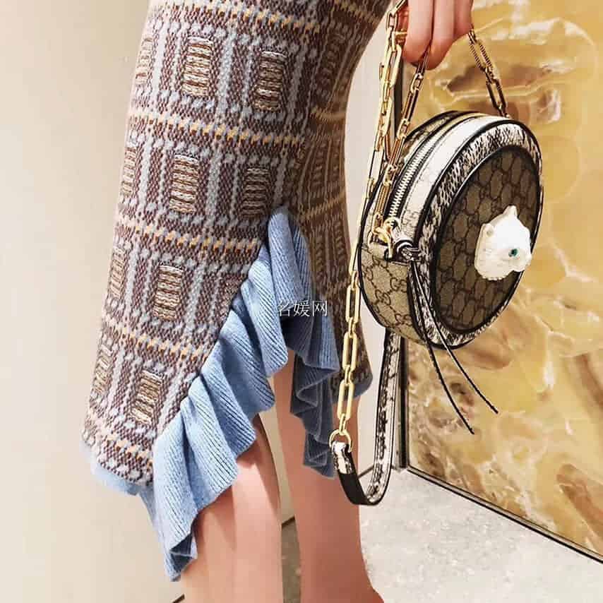 Gucci/古奇/古驰Patchwork猫咪蛇皮圆形包499823 96ICG 9747