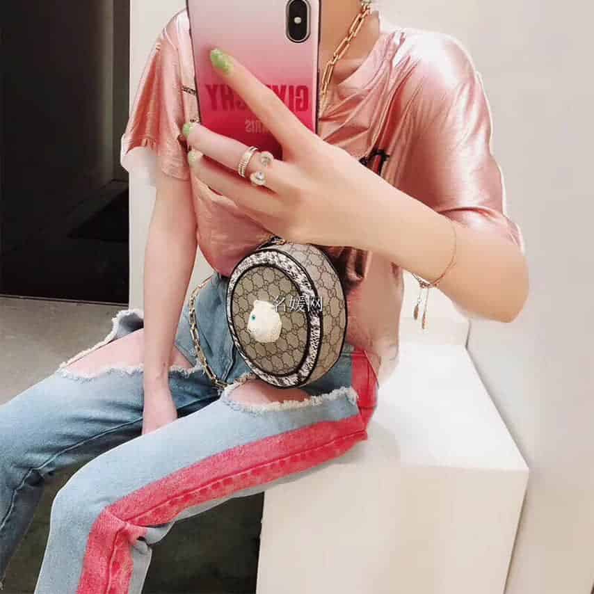 Gucci/古奇/古驰Patchwork猫咪蛇皮圆形包499823 96ICG 9747