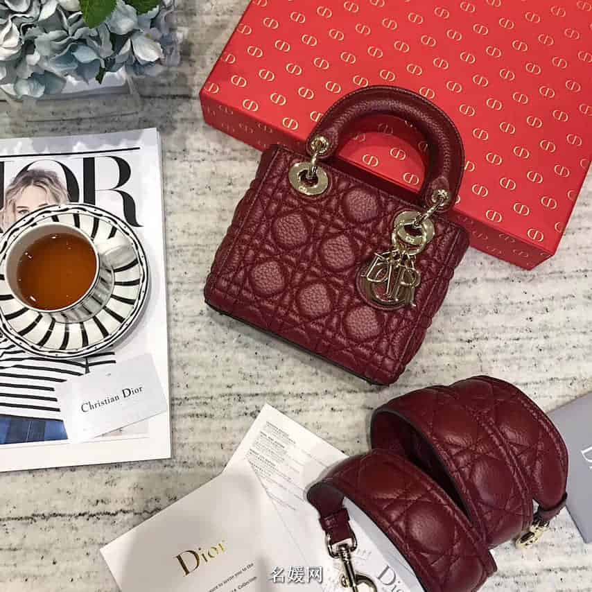 迪奥/DIOR 2018新款 Lady Dior mini 三格粒面小牛皮手提包 七色