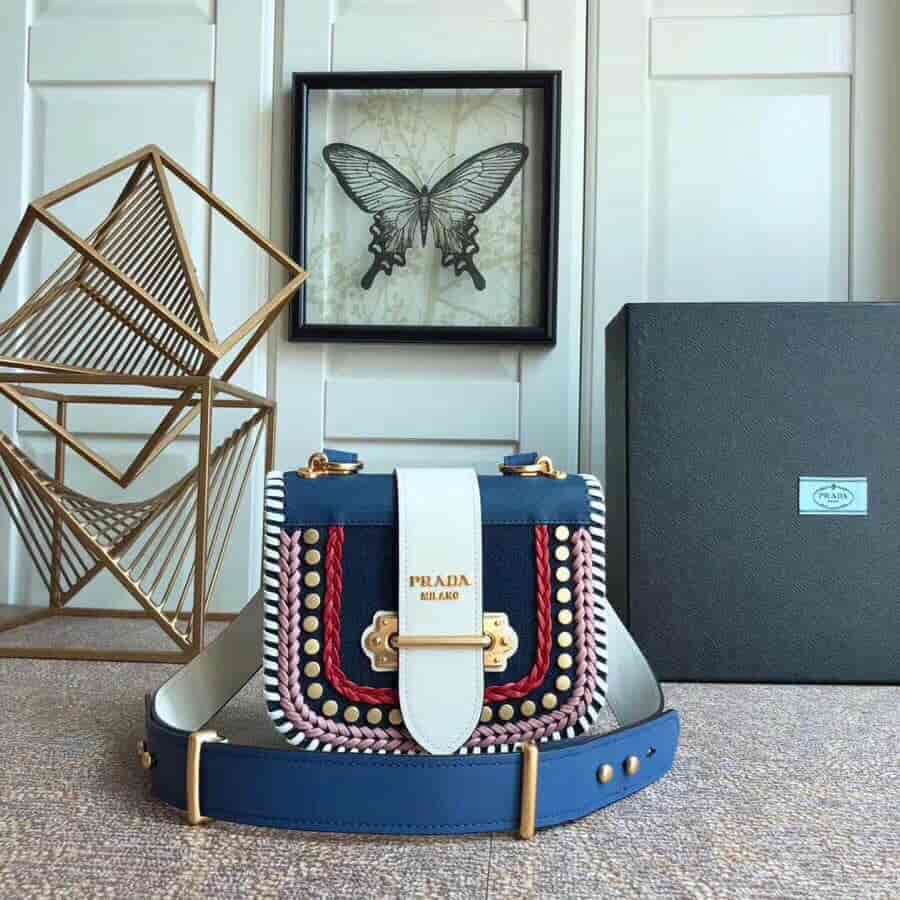 PRADA/普拉达 Pionnière小牛皮拼牛仔布手袋 1BD074