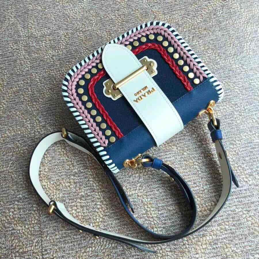 PRADA/普拉达 Pionnière小牛皮拼牛仔布手袋 1BD074