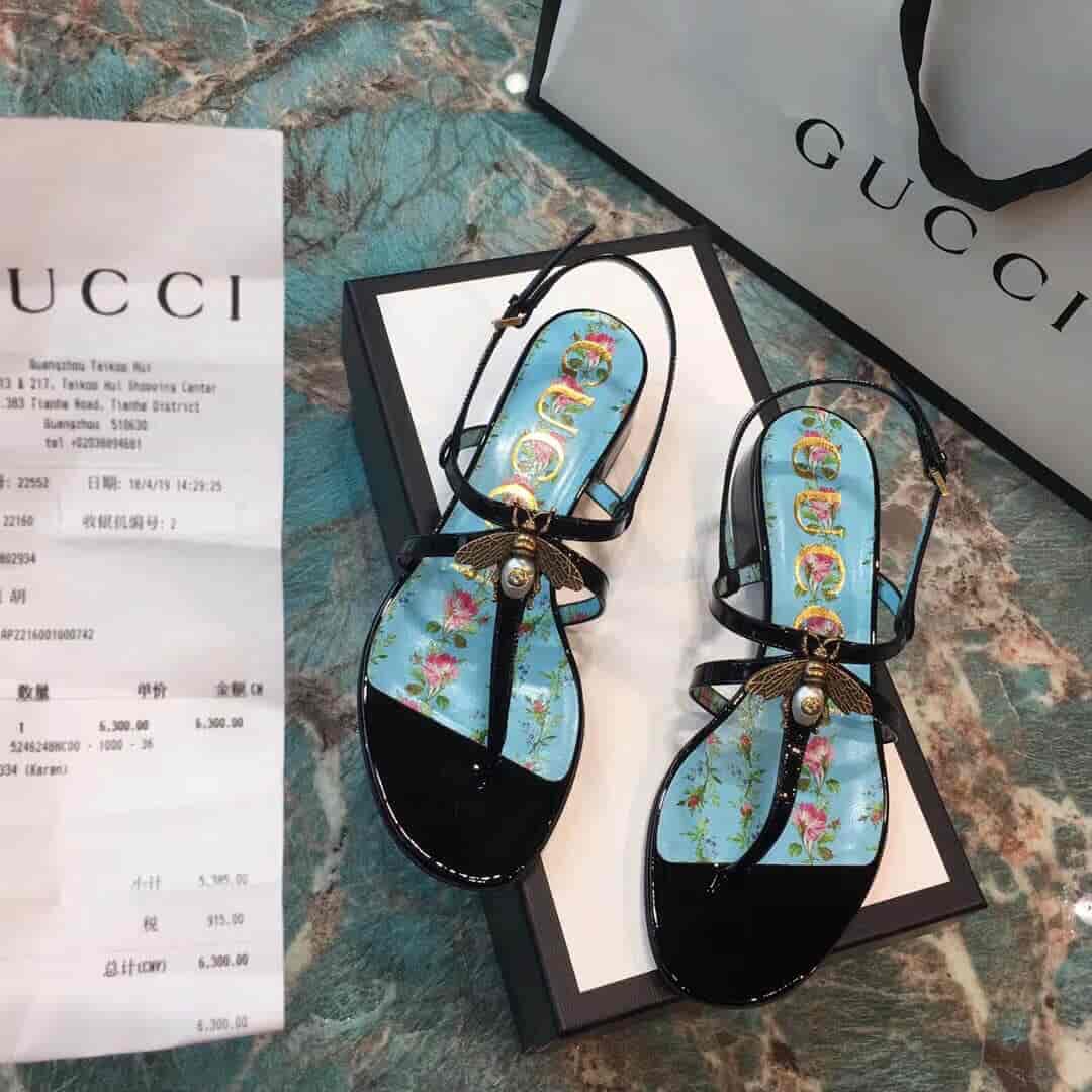 Gucci/古奇 18ss新款 蜜蜂珍珠扣玫瑰花蕾凉鞋