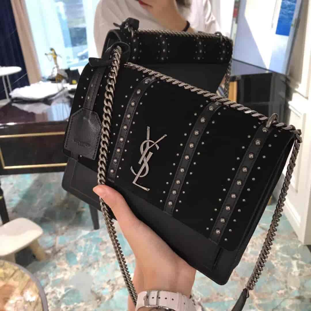 圣罗兰ysl SUNSET 中号饰钉黑色真皮麂皮包 470426