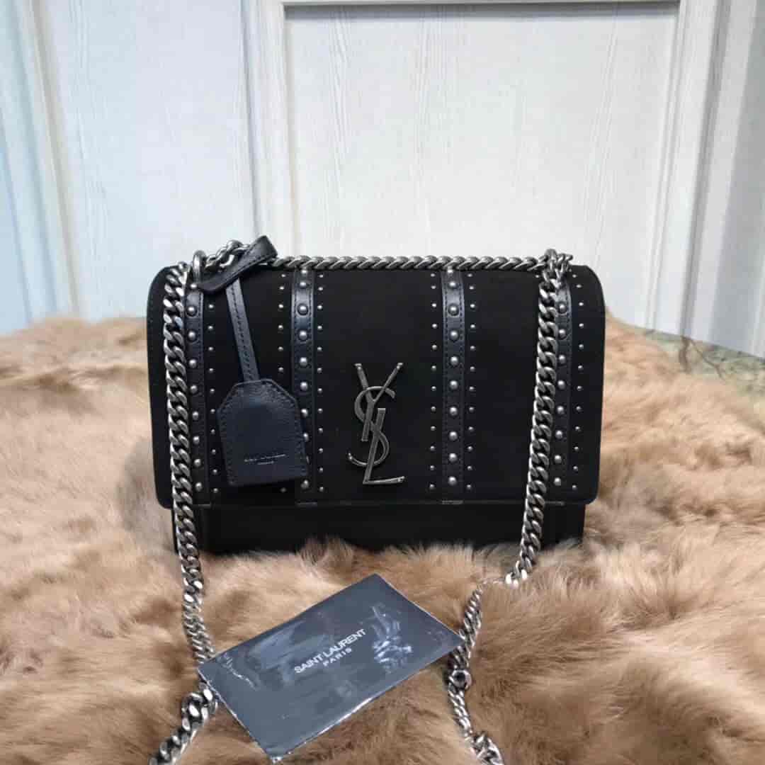 圣罗兰ysl SUNSET 中号饰钉黑色真皮麂皮包 470426