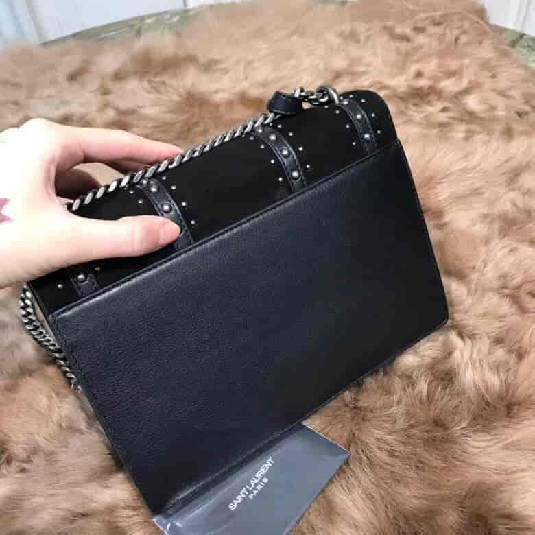 圣罗兰ysl SUNSET 中号饰钉黑色真皮麂皮包 470426