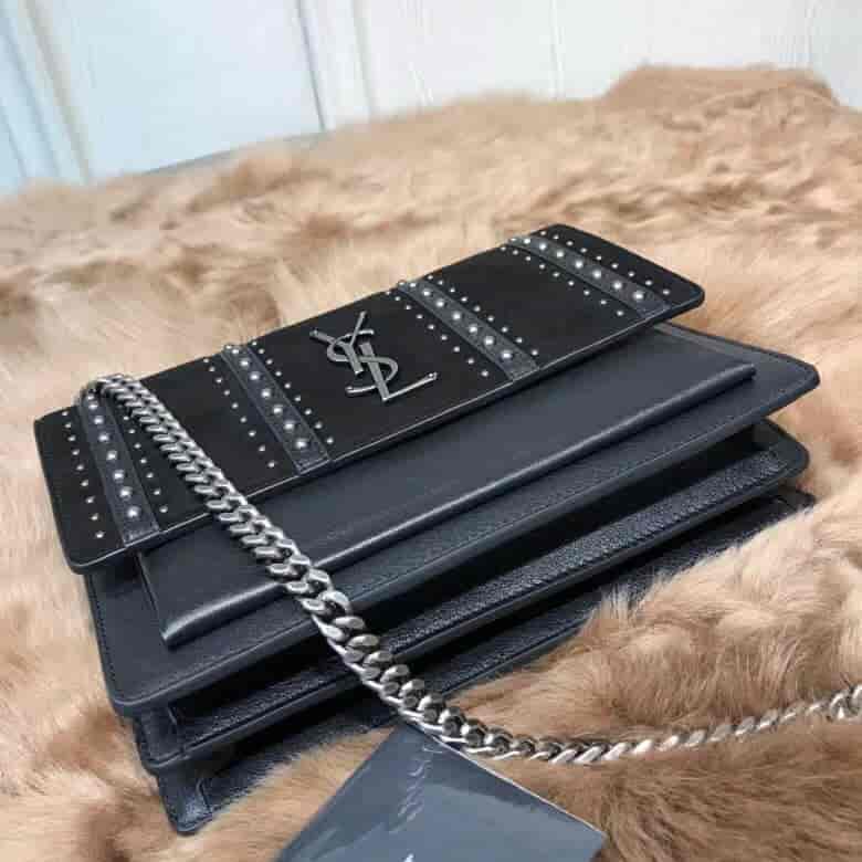 圣罗兰ysl SUNSET 中号饰钉黑色真皮麂皮包 470426