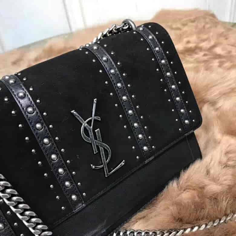 圣罗兰ysl SUNSET 中号饰钉黑色真皮麂皮包 470426