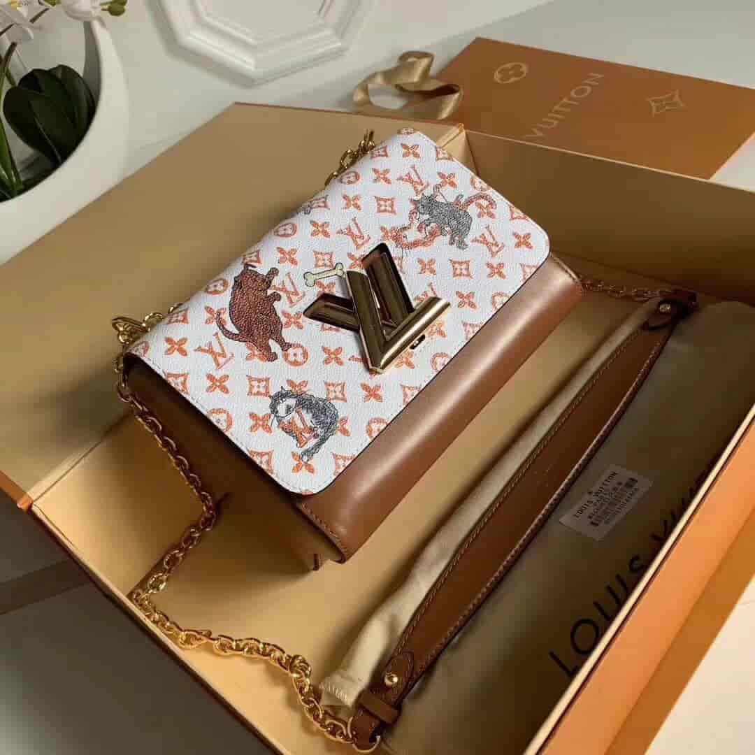 LV路易威登 19年新款白色拼橙色浮纹印花Twist手袋 M44460