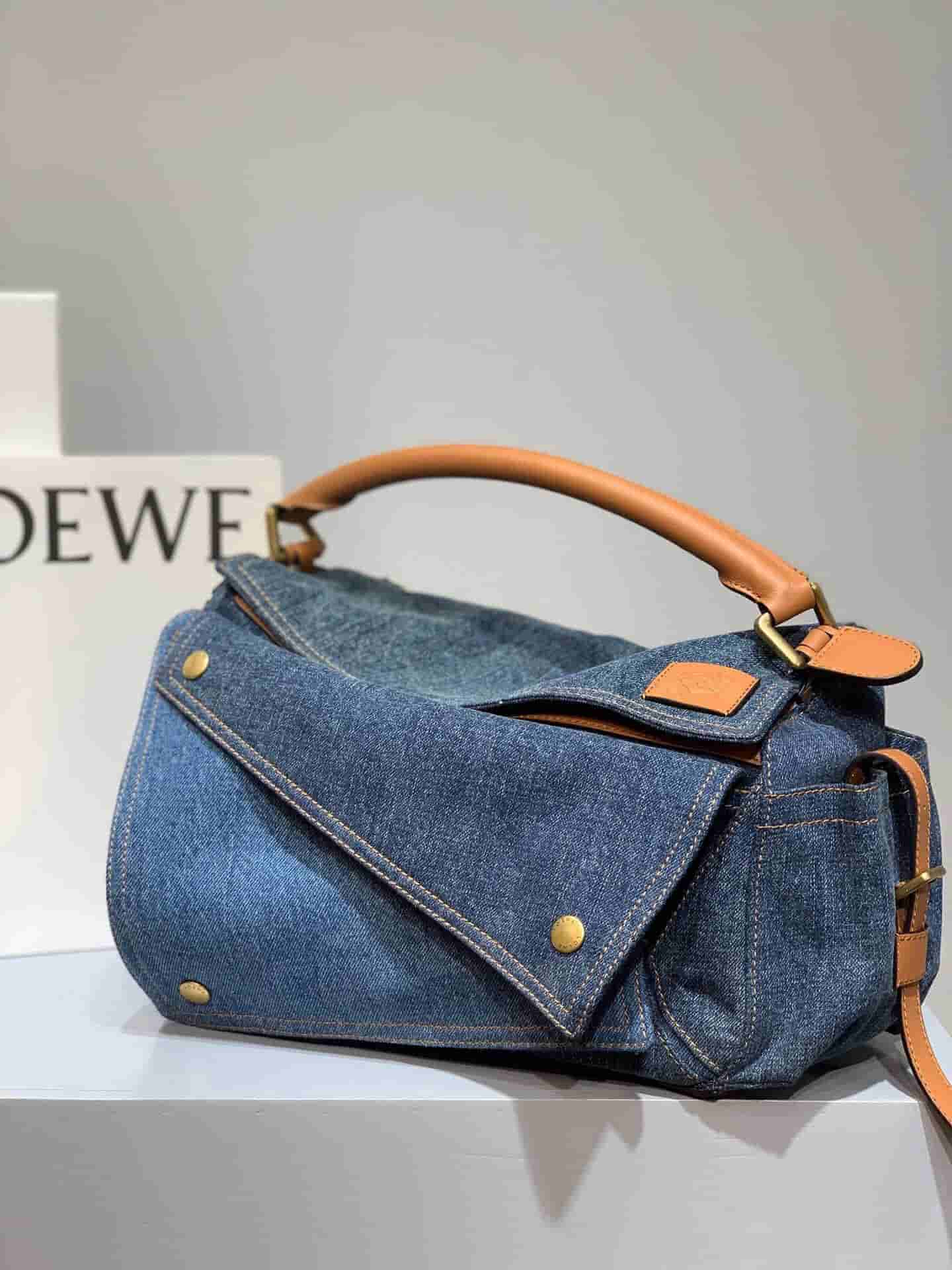 loewe/罗意威 小牛皮拼牛仔布puzzle牛仔布几何包