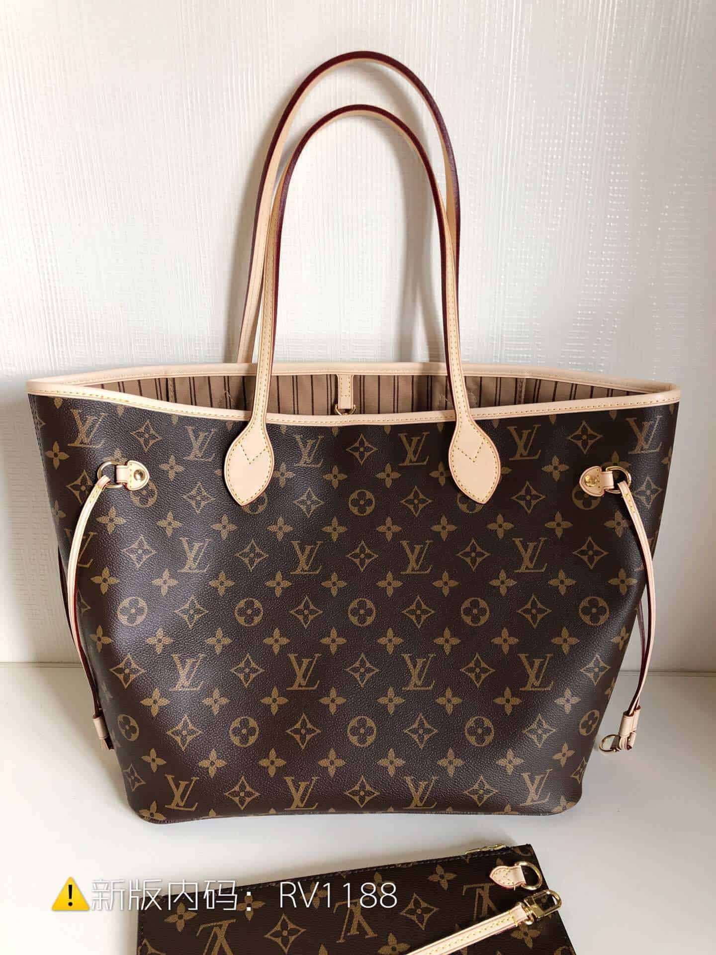 lv neverfull 中号手袋老花购物袋 m40995 杏色内里