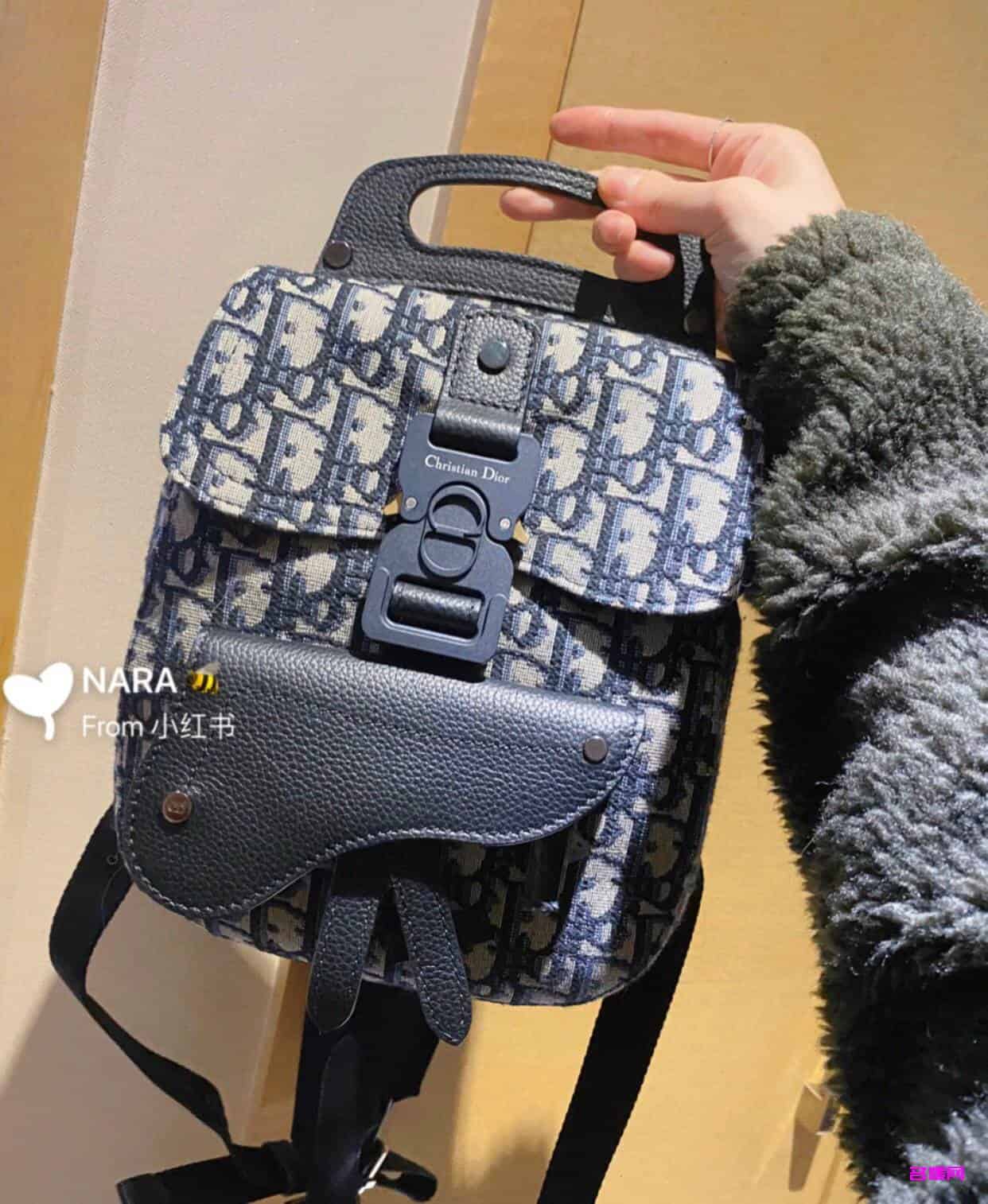 Dior/迪奥 Oblique海军蓝提花迷你马鞍包双肩背包 1ADBA086