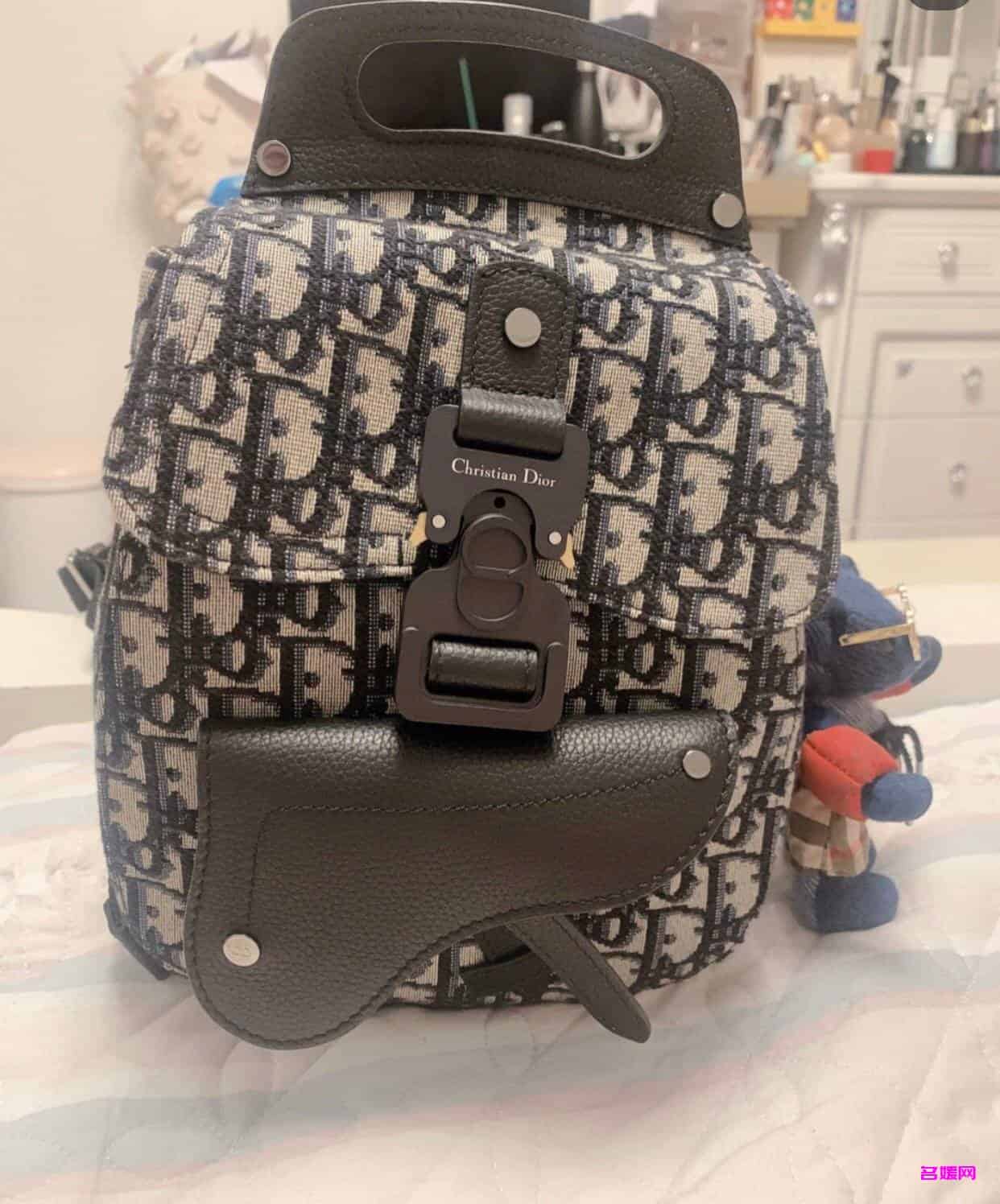 Dior/迪奥 Oblique海军蓝提花迷你马鞍包双肩背包 1ADBA086