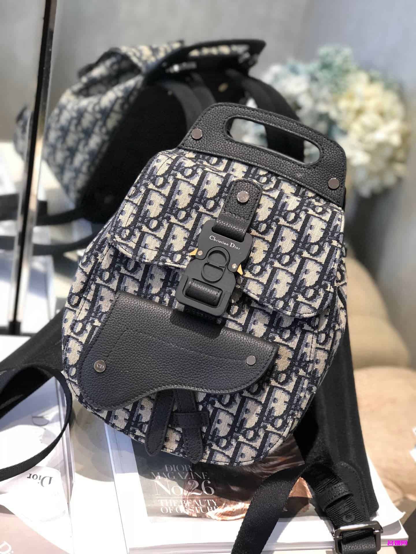 Dior/迪奥 Oblique海军蓝提花迷你马鞍包双肩背包 1ADBA086