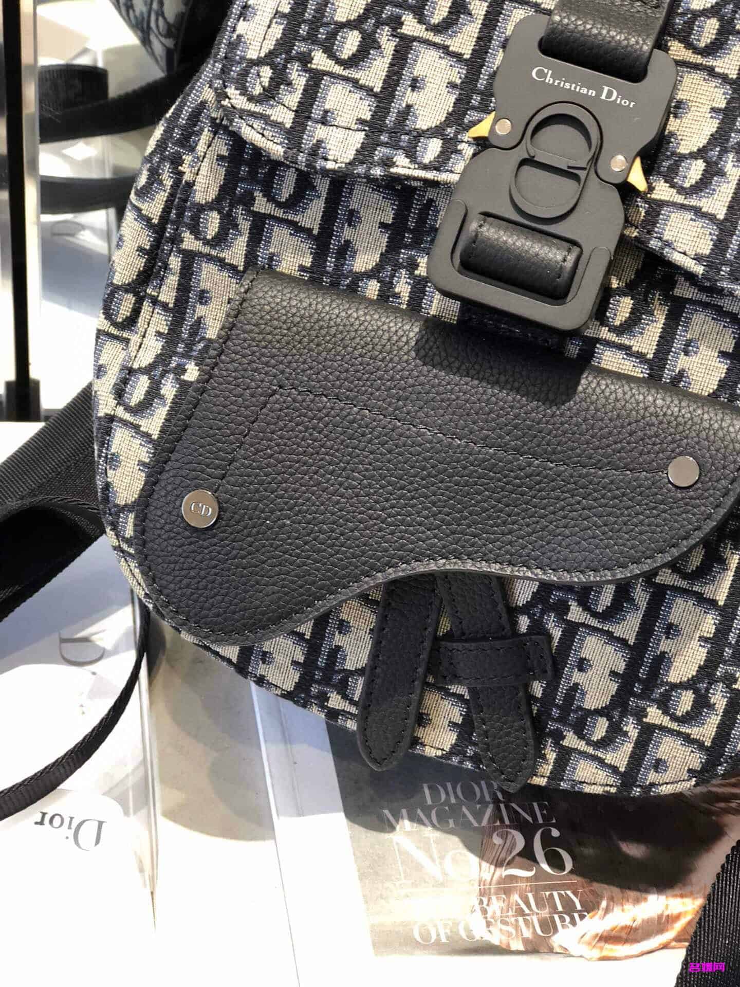 Dior/迪奥 Oblique海军蓝提花迷你马鞍包双肩背包 1ADBA086