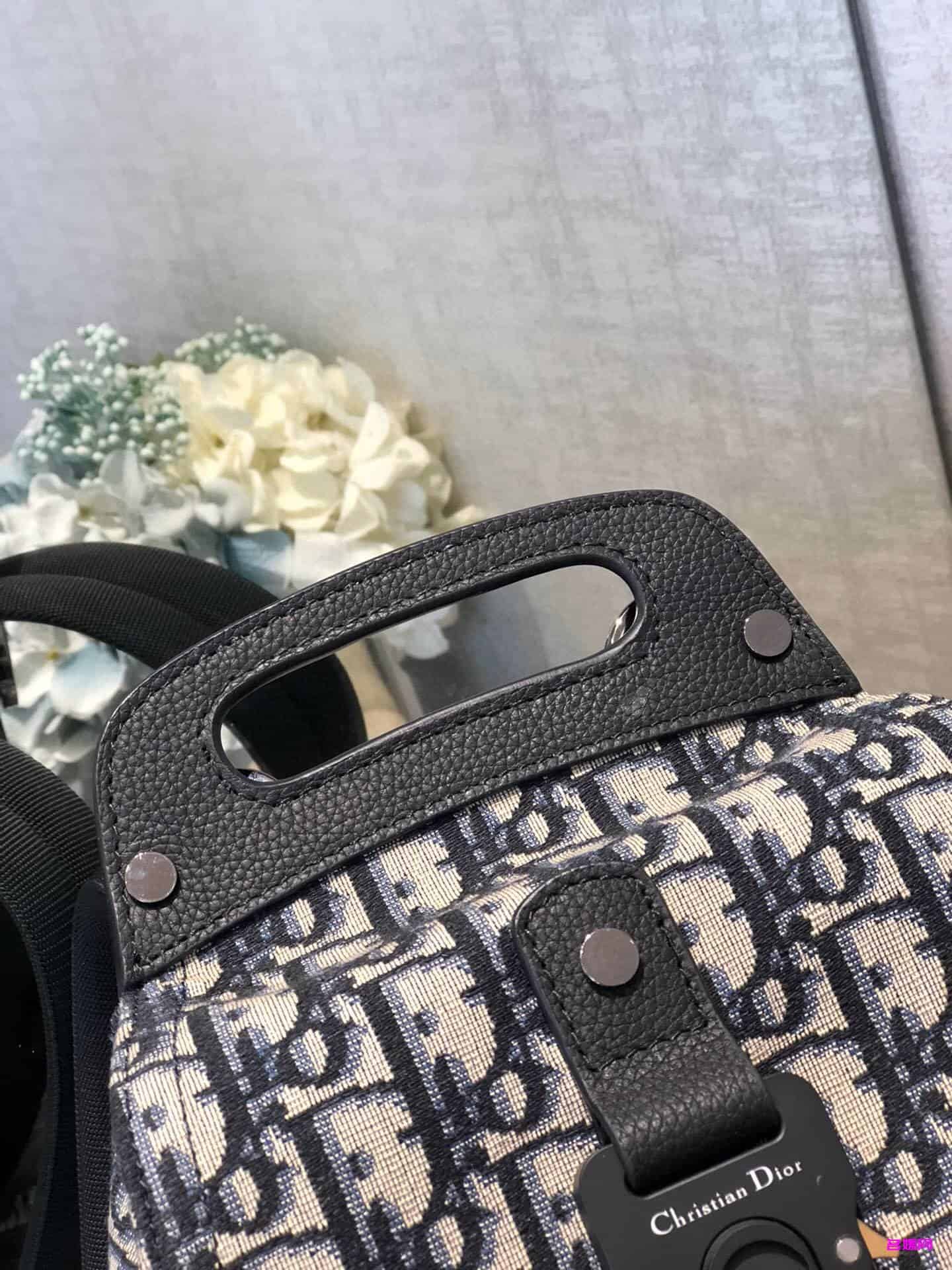 Dior/迪奥 Oblique海军蓝提花迷你马鞍包双肩背包 1ADBA086