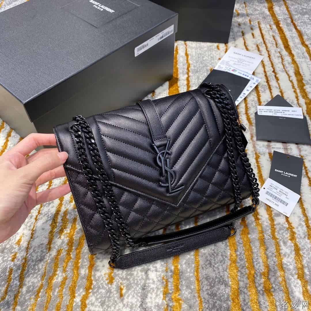 YSL 经典SATCHEL中号黑色粒纹复合提花皮革手袋 487206