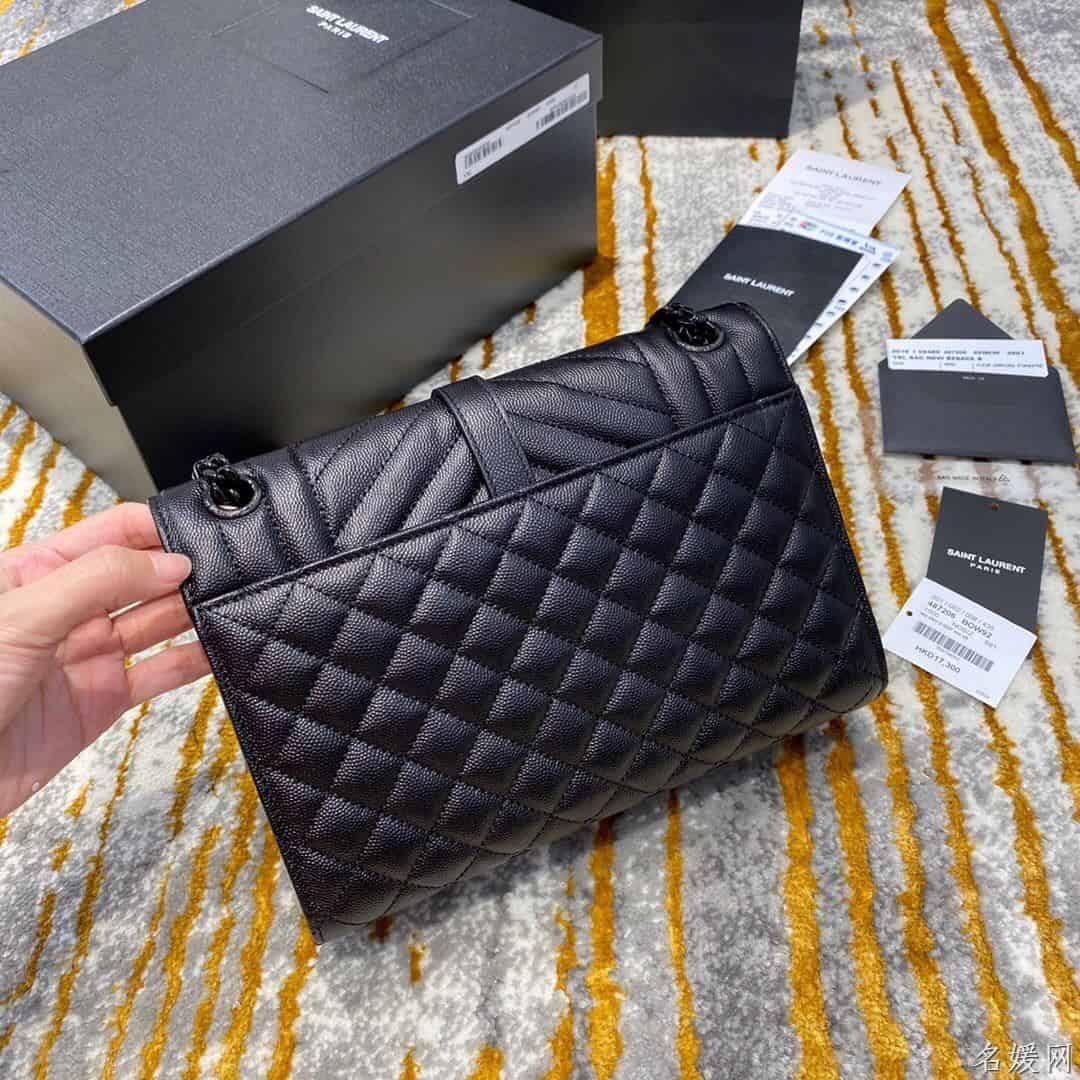 YSL 经典SATCHEL中号黑色粒纹复合提花皮革手袋 487206