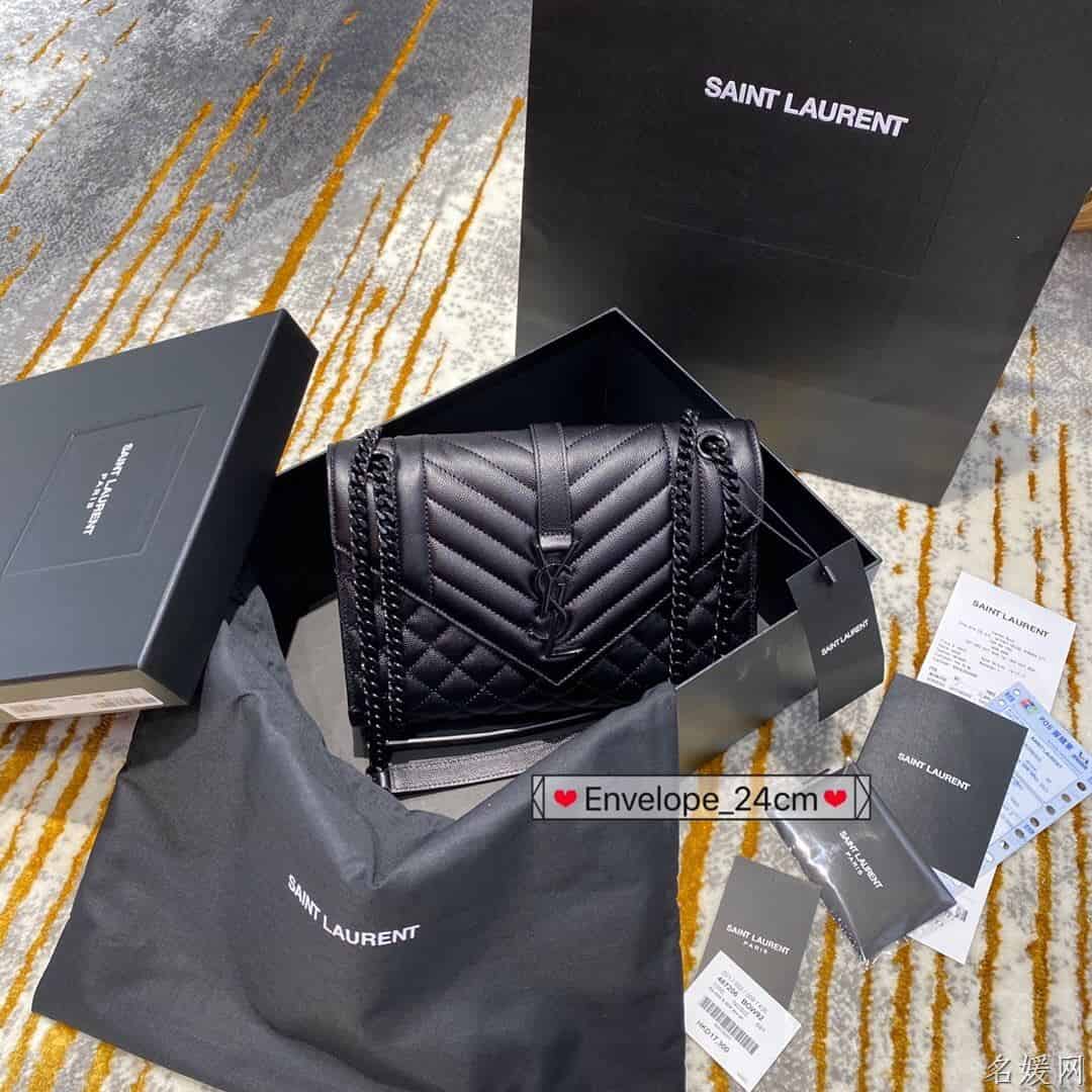 YSL 经典SATCHEL中号黑色粒纹复合提花皮革手袋 487206