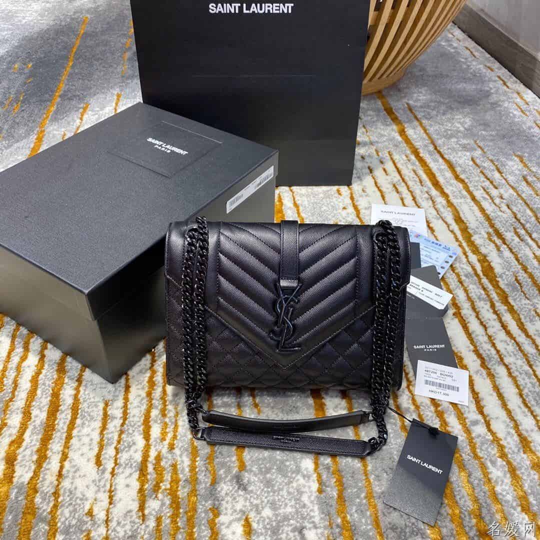 YSL 经典SATCHEL中号黑色粒纹复合提花皮革手袋 487206