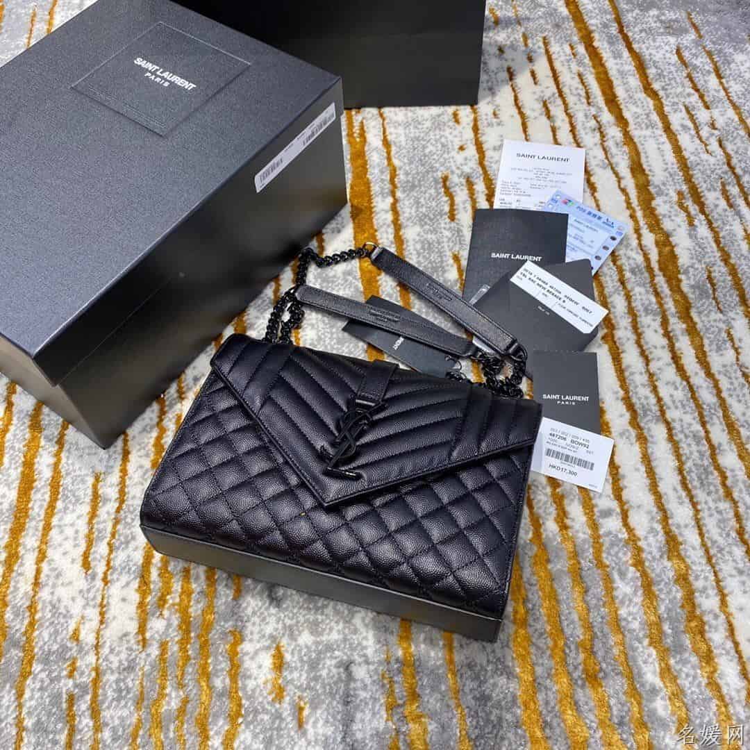 YSL 经典SATCHEL中号黑色粒纹复合提花皮革手袋 487206