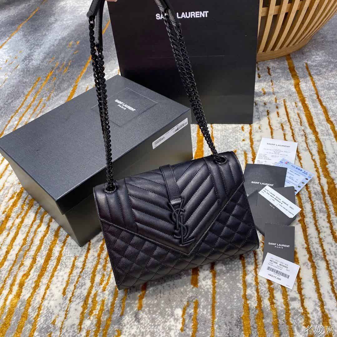 YSL 经典SATCHEL中号黑色粒纹复合提花皮革手袋 487206