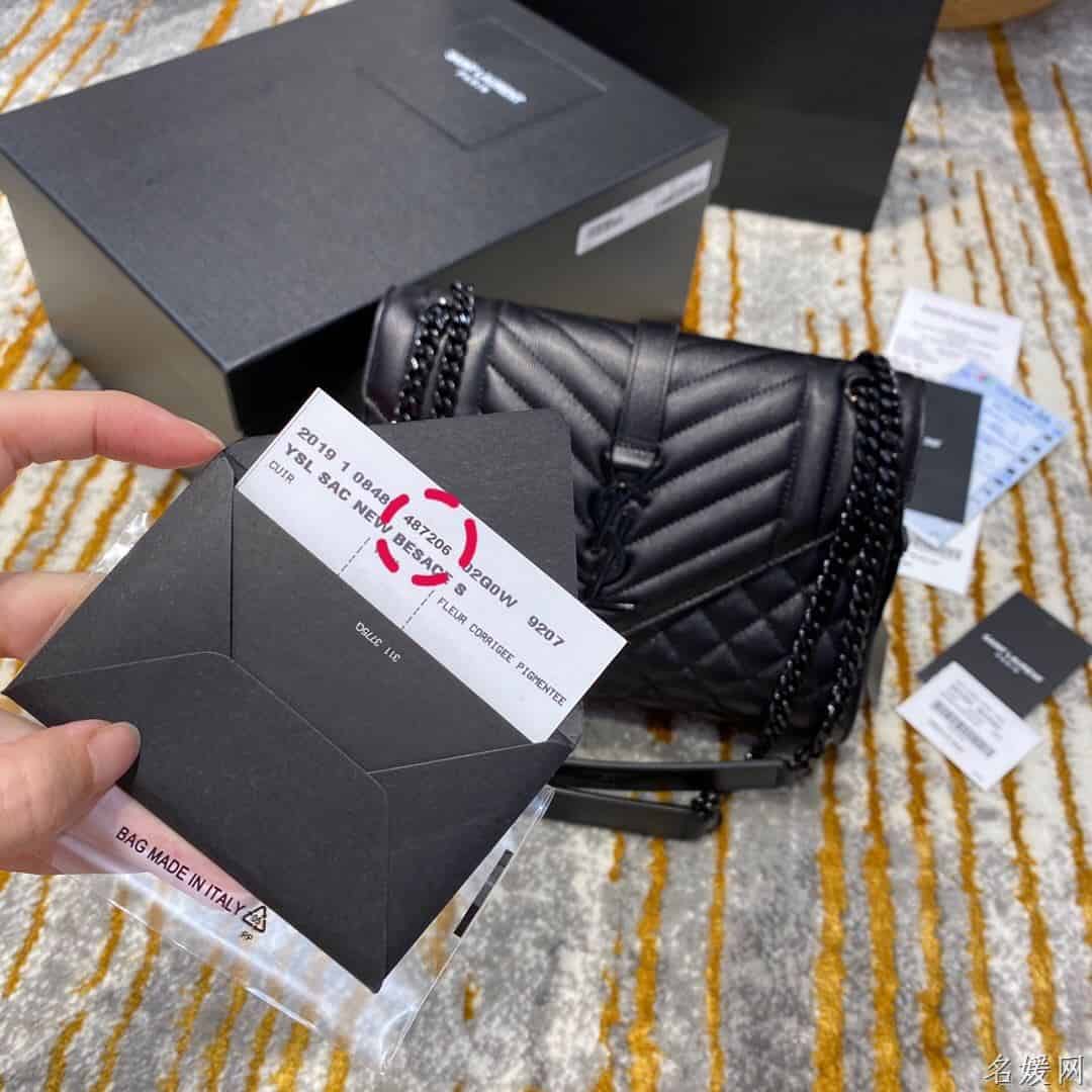 YSL 经典SATCHEL中号黑色粒纹复合提花皮革手袋 487206