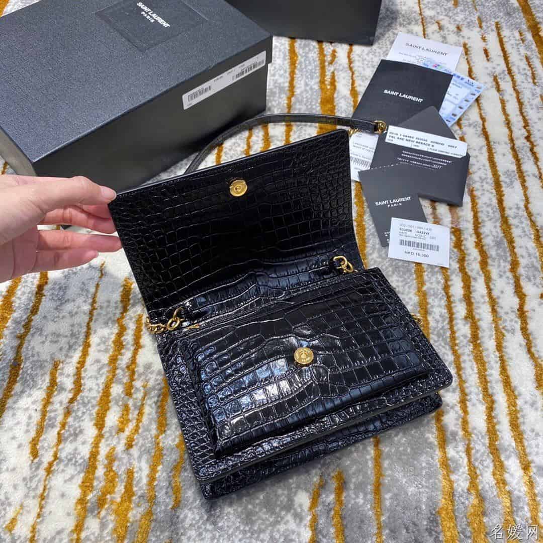 YSL/圣罗兰 SUNSET鳄鱼纹压印亮面皮革链条包 533026