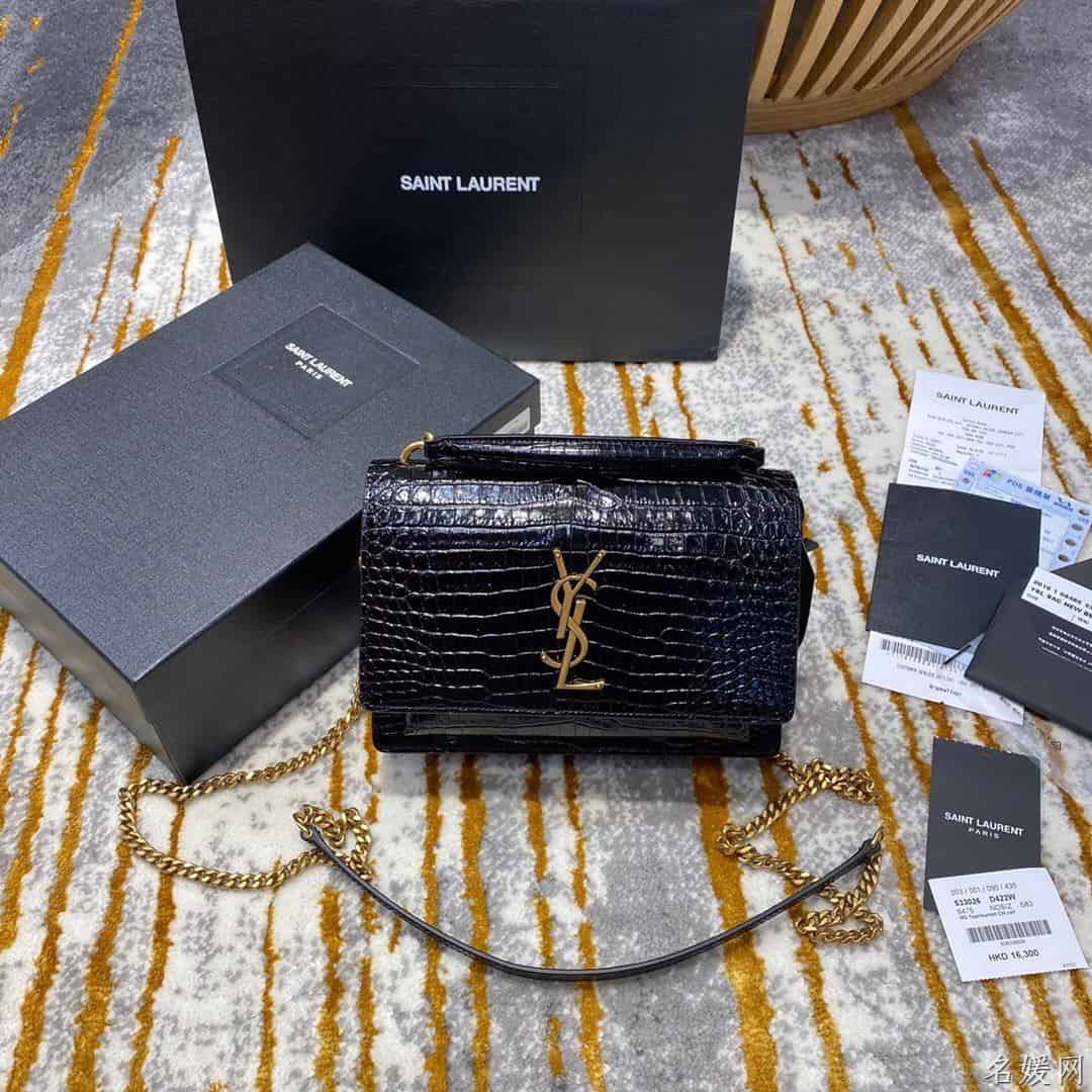 YSL/圣罗兰 SUNSET鳄鱼纹压印亮面皮革链条包 533026