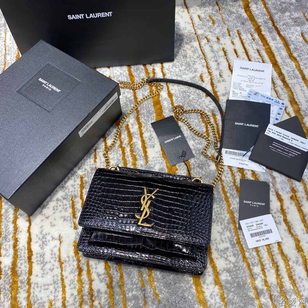YSL/圣罗兰 SUNSET鳄鱼纹压印亮面皮革链条包 533026