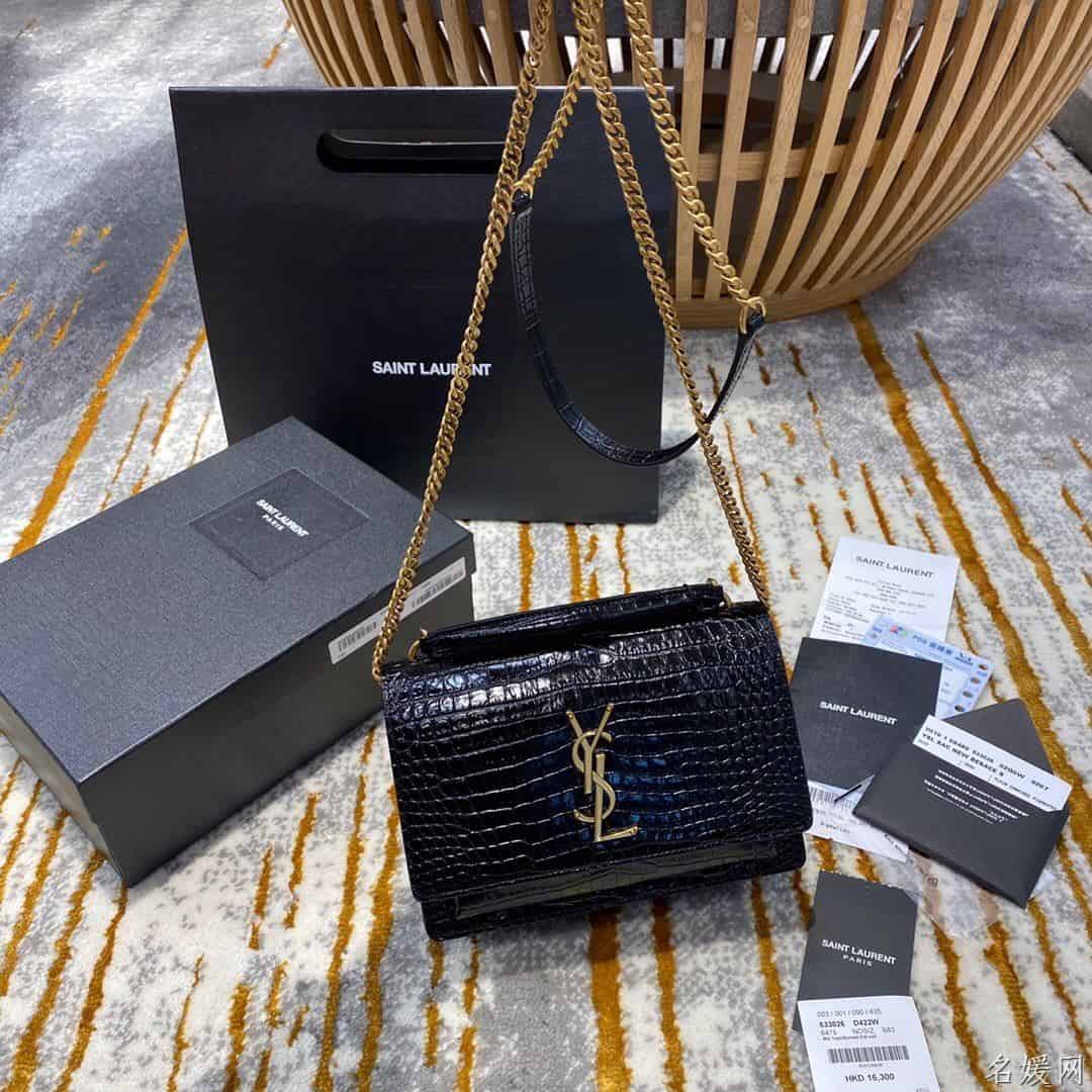 YSL/圣罗兰 SUNSET鳄鱼纹压印亮面皮革链条包 533026