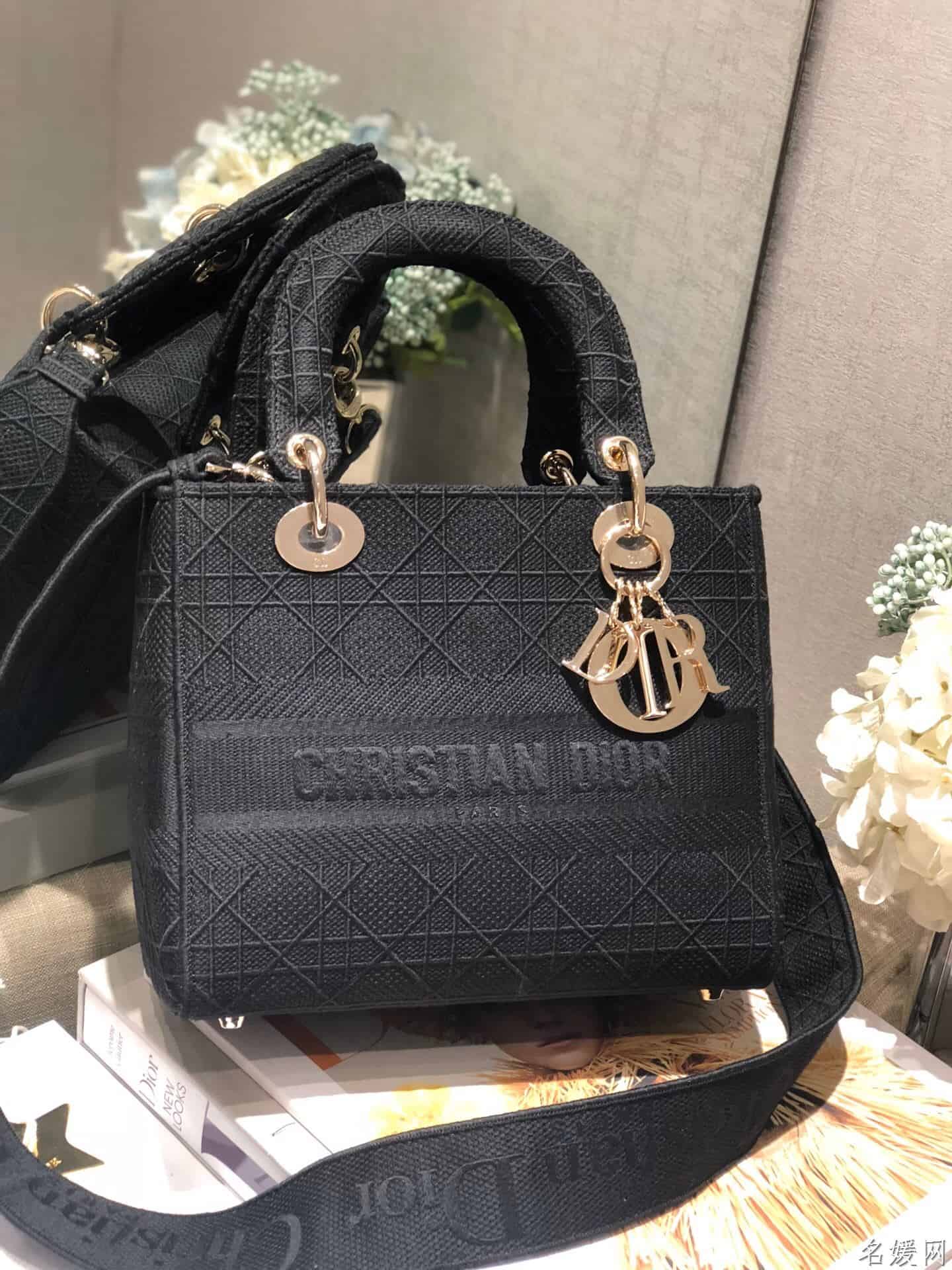 Dior/迪奥 中号黑色刺绣藤格纹Lady D-Lite戴妃包 M989