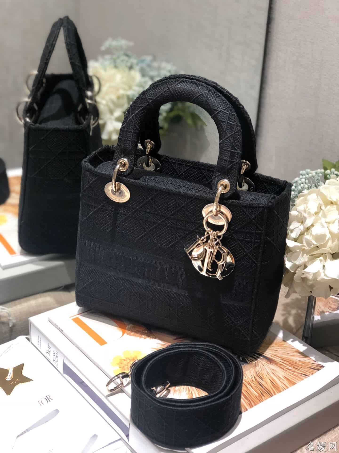 Dior/迪奥 中号黑色刺绣藤格纹Lady D-Lite戴妃包 M989