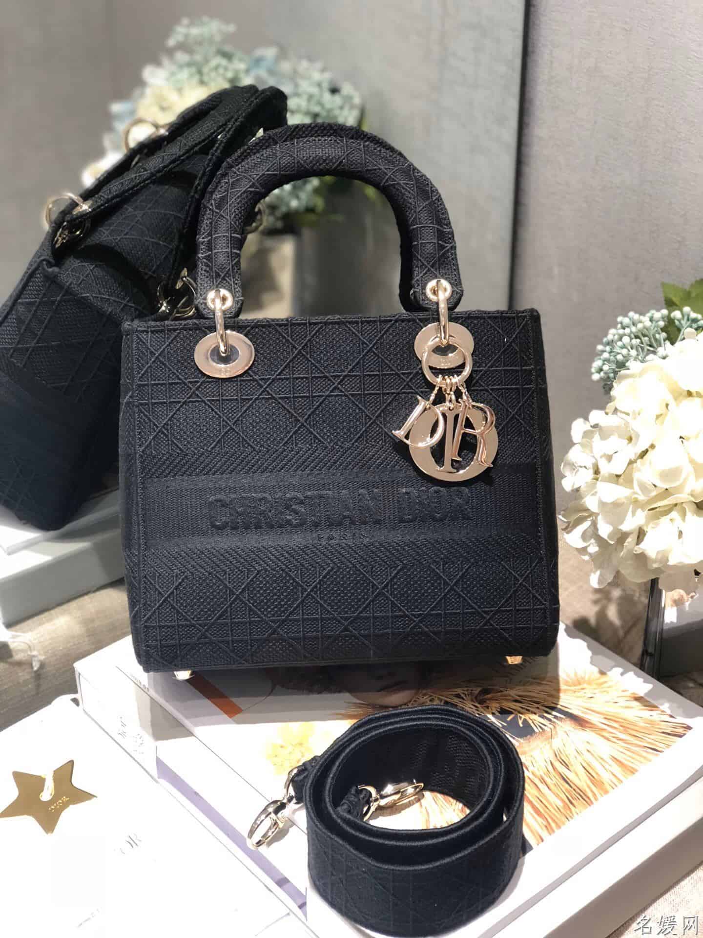Dior/迪奥 中号黑色刺绣藤格纹Lady D-Lite戴妃包 M989