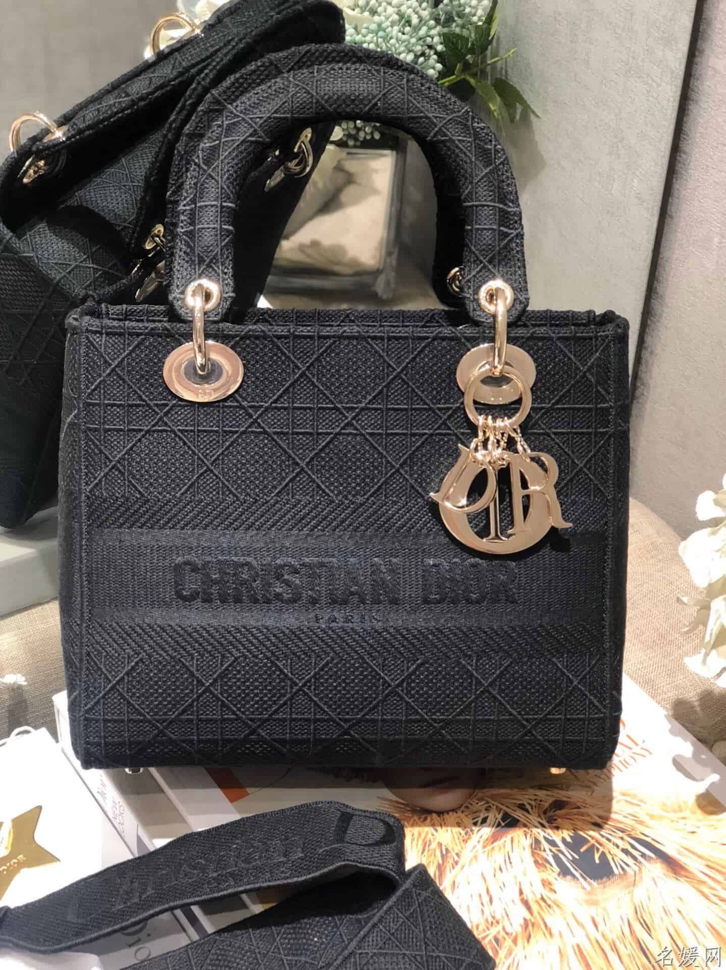 Dior/迪奥 中号黑色刺绣藤格纹Lady D-Lite戴妃包 M989