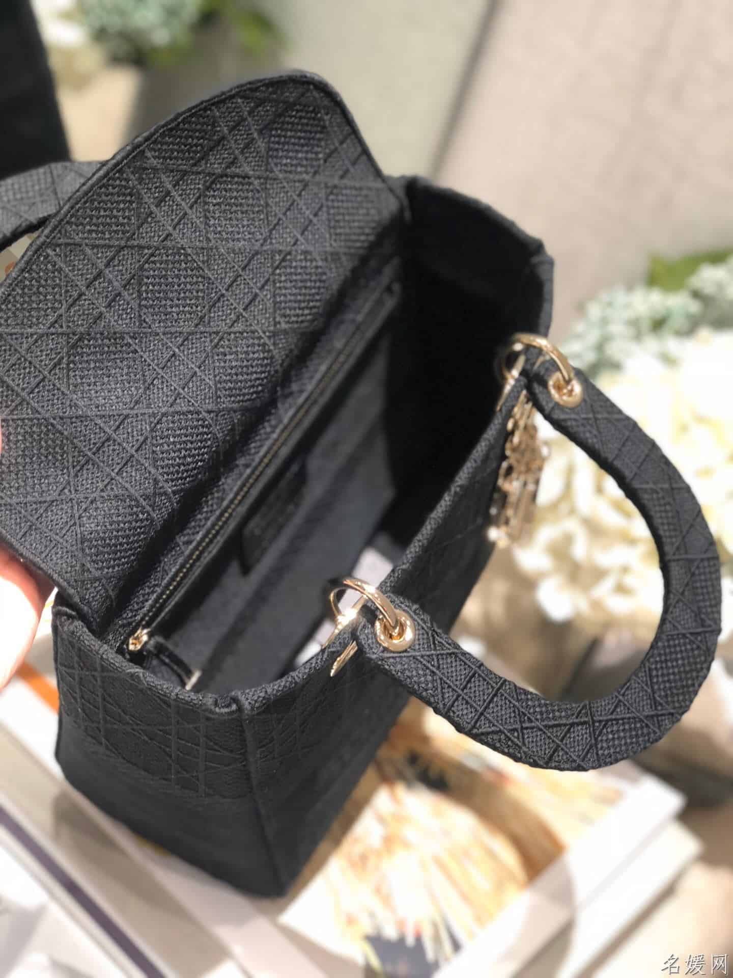 Dior/迪奥 中号黑色刺绣藤格纹Lady D-Lite戴妃包 M989