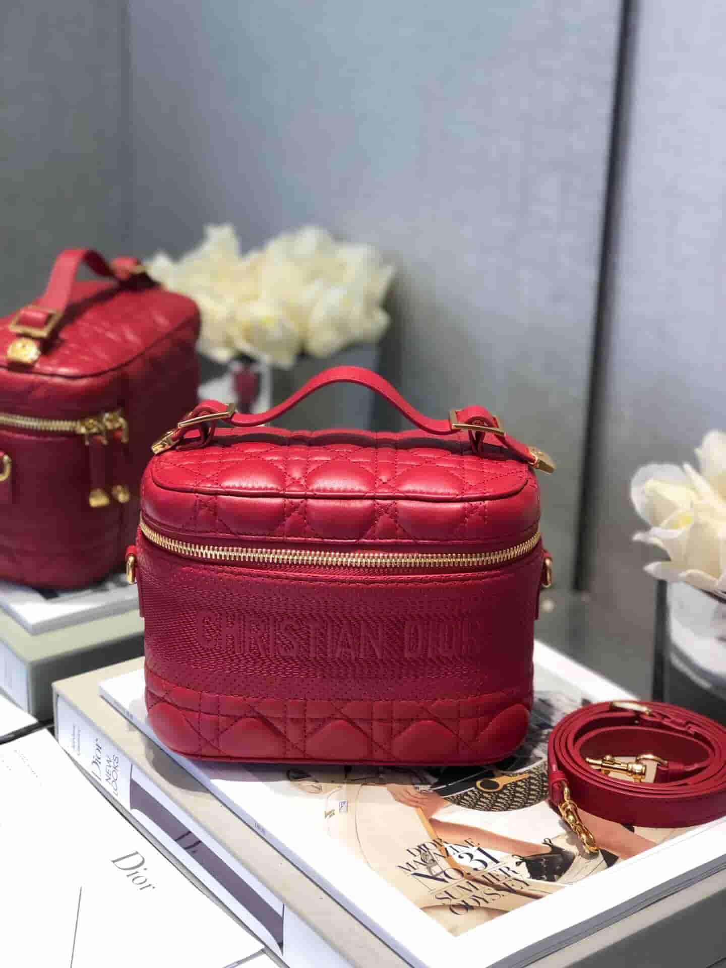 Dior Travel红色羊皮藤格纹单肩手提化妆包 S5488UNTR_M53R