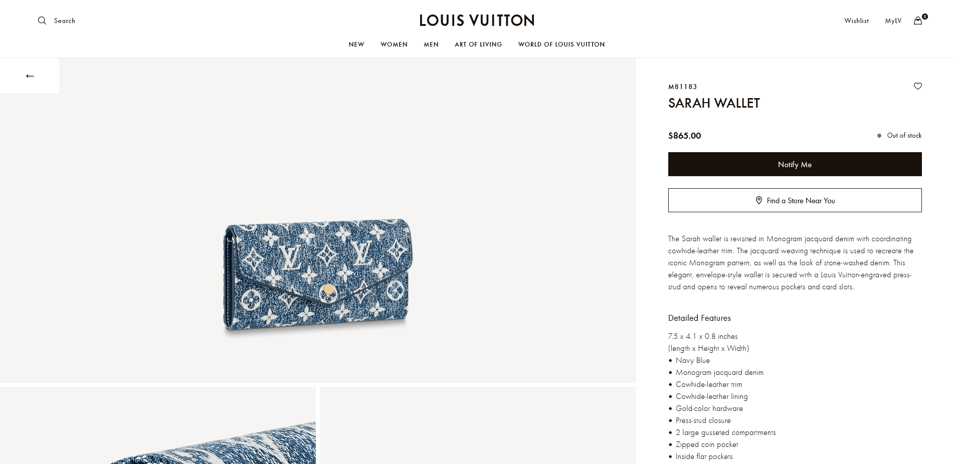 Louis Vuitton Sarah Wallet Denim Jacquard Navy Blue